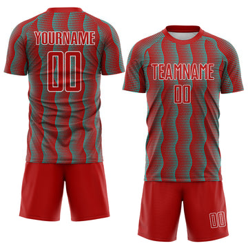 Custom Red Aqua-White Geometric Shape Sublimation Soccer Uniform Jersey