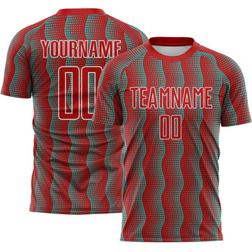 Custom Red Aqua-White Geometric Shape Sublimation Soccer Uniform Jersey