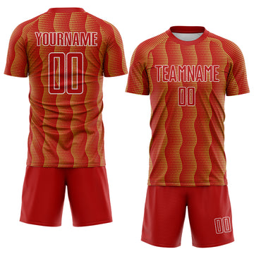 Custom Red Old Gold-White Geometric Shape Sublimation Soccer Uniform Jersey