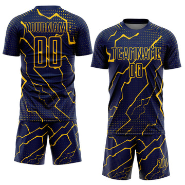 Custom Navy Yellow Lightning Sublimation Soccer Uniform Jersey