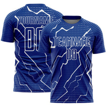 Load image into Gallery viewer, Custom Royal White Lightning Sublimation Soccer Uniform Jersey
