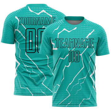 Custom Aqua Black-White Lightning Sublimation Soccer Uniform Jersey