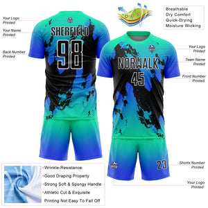 Custom Aqua Black-Thunder Blue Splash Sublimation Soccer Uniform Jersey