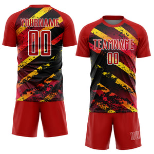 Custom Red Gold-Black Splash Sublimation Soccer Uniform Jersey