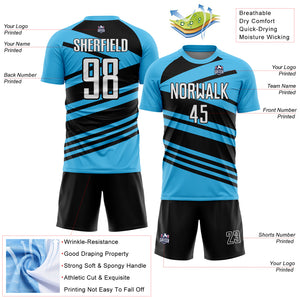 Custom Sky Blue White-Black Line Sublimation Soccer Uniform Jersey