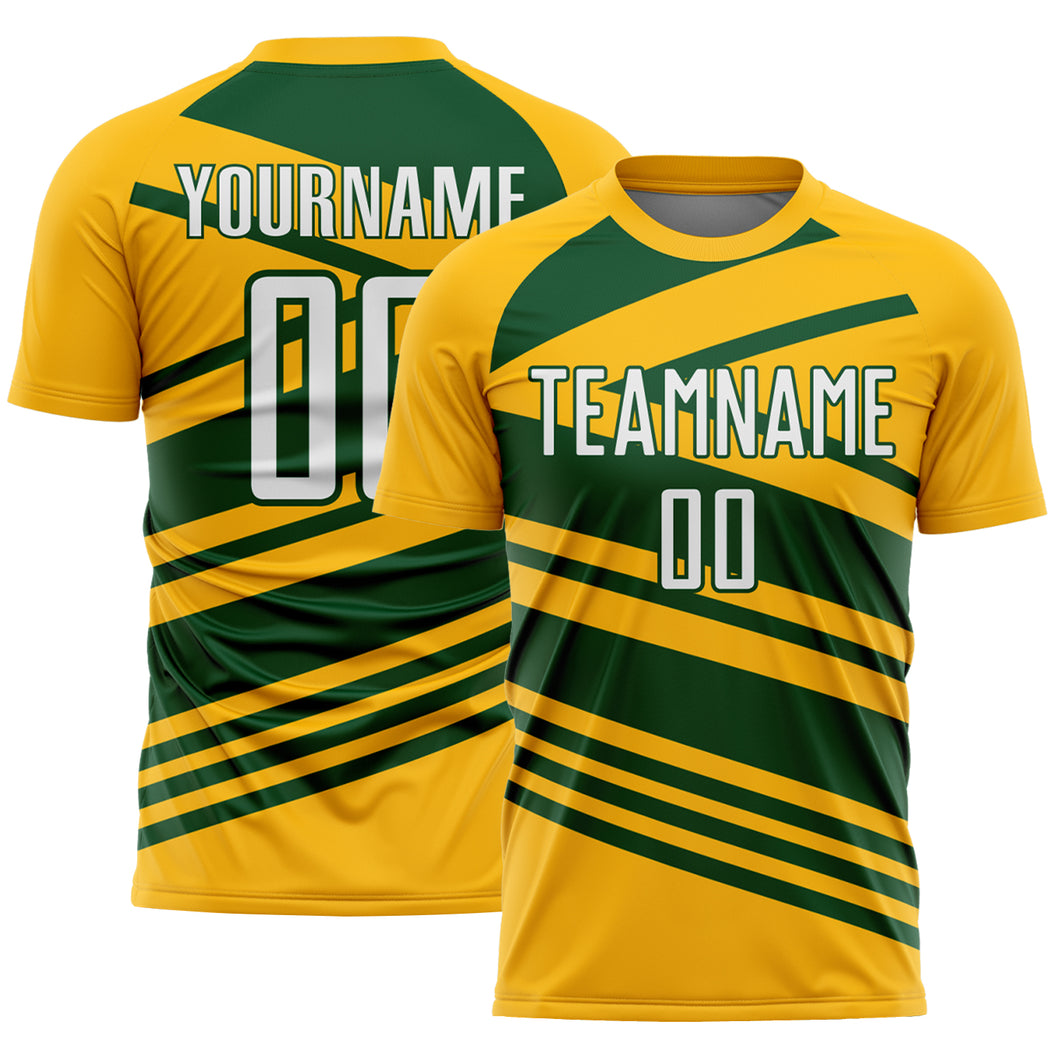 Custom Gold White-Green Line Sublimation Soccer Uniform Jersey