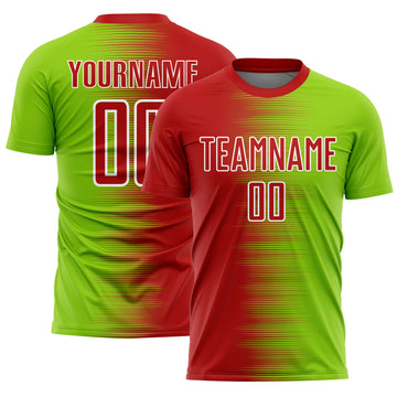 Custom Red Neon Green-White Gradient Line Sublimation Soccer Uniform Jersey