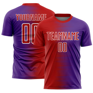 Custom Red Purple-White Gradient Line Sublimation Soccer Uniform Jersey