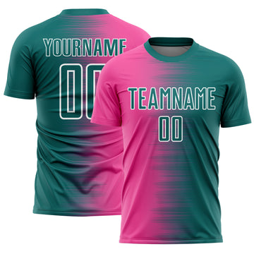 Custom Teal Pink-White Gradient Line Sublimation Soccer Uniform Jersey