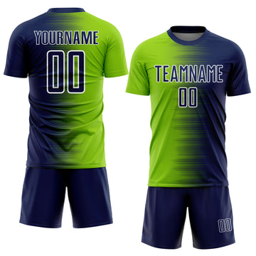 Custom Navy Neon Green-White Gradient Line Sublimation Soccer Uniform Jersey