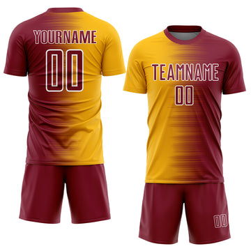 Custom Crimson Gold-White Gradient Line Sublimation Soccer Uniform Jersey