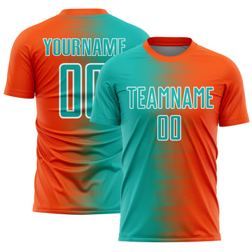 Custom Orange Aqua-White Gradient Line Sublimation Soccer Uniform Jersey