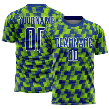 Custom Royal Neon Green-White Line Sublimation Soccer Uniform Jersey