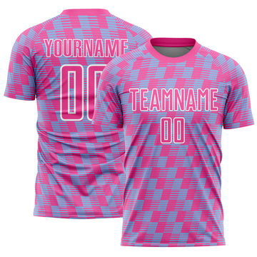 Custom Pink Light Blue-White Line Sublimation Soccer Uniform Jersey