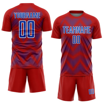 Custom Red Thunder Blue-White Line Sublimation Soccer Uniform Jersey