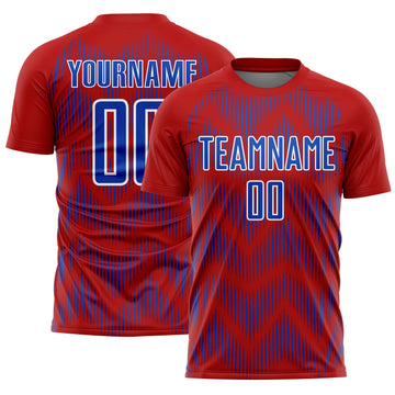 Custom Red Thunder Blue-White Line Sublimation Soccer Uniform Jersey