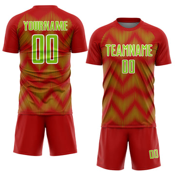 Custom Red Neon Green-White Line Sublimation Soccer Uniform Jersey