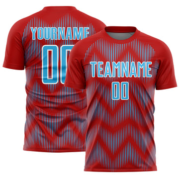 Custom Red Sky Blue-White Line Sublimation Soccer Uniform Jersey