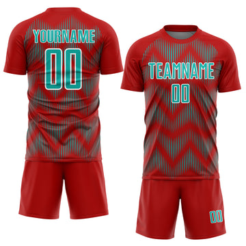 Custom Red Aqua-White Line Sublimation Soccer Uniform Jersey