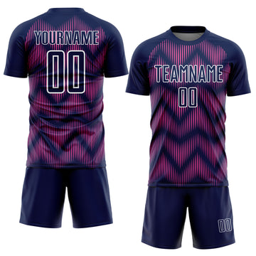 Custom Navy Pink-White Line Sublimation Soccer Uniform Jersey