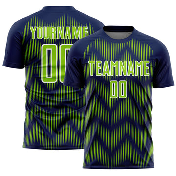 Custom Navy Neon Green-White Line Sublimation Soccer Uniform Jersey