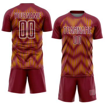 Custom Crimson Gold-White Line Sublimation Soccer Uniform Jersey