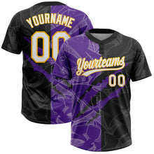 Load image into Gallery viewer, Custom Graffiti Pattern Black Purple-Gold 3D Two-Button Unisex Softball Jersey
