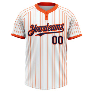 Custom White Orange Pinstripe Navy Two-Button Unisex Softball Jersey