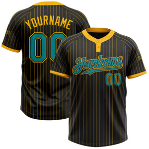 Custom Black Gold Pinstripe Teal Two-Button Unisex Softball Jersey