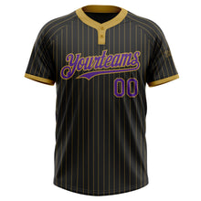 Load image into Gallery viewer, Custom Black Old Gold Pinstripe Purple Two-Button Unisex Softball Jersey
