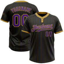 Load image into Gallery viewer, Custom Black Old Gold Pinstripe Purple Two-Button Unisex Softball Jersey
