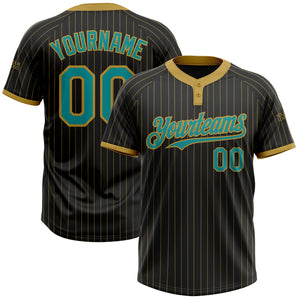 Custom Black Old Gold Pinstripe Teal Two-Button Unisex Softball Jersey