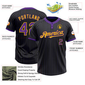 Custom Black Purple Pinstripe Gold Two-Button Unisex Softball Jersey