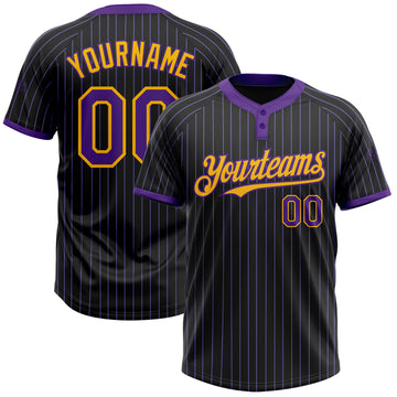 Custom Black Purple Pinstripe Gold Two-Button Unisex Softball Jersey