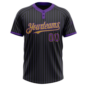 Custom Black Purple Pinstripe Old Gold Two-Button Unisex Softball Jersey