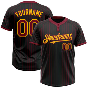 Custom Black Crimson Pinstripe Gold Two-Button Unisex Softball Jersey