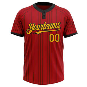 Custom Red Black Pinstripe Gold Two-Button Unisex Softball Jersey