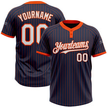 Load image into Gallery viewer, Custom Navy Orange Pinstripe White Two-Button Unisex Softball Jersey
