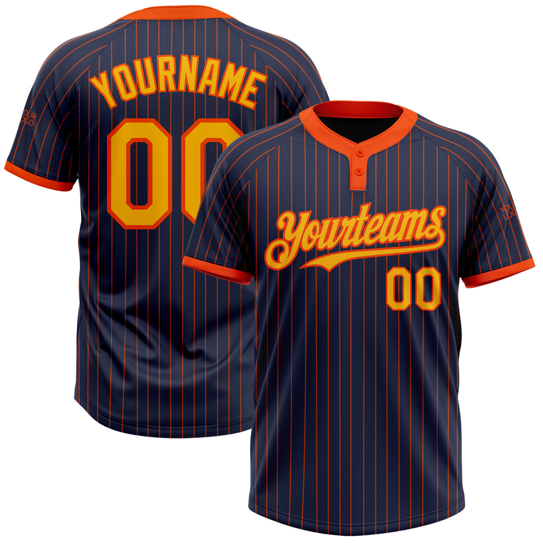 Custom Navy Orange Pinstripe Gold Two-Button Unisex Softball Jersey