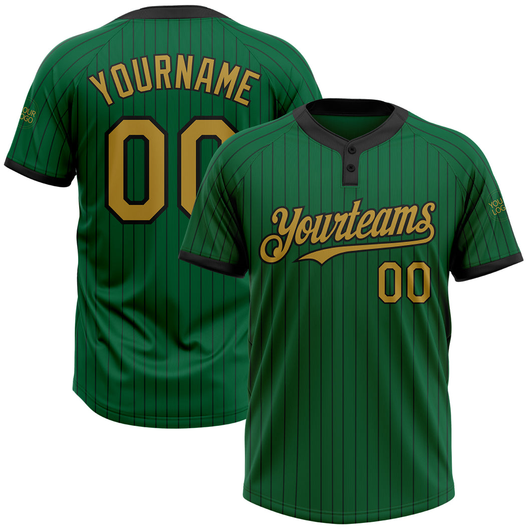 Custom Kelly Green Black Pinstripe Old Gold Two-Button Unisex Softball Jersey