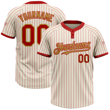 Custom Cream Red Pinstripe Old Gold Two-Button Unisex Softball Jersey