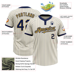 Custom Cream Navy Pinstripe Old Gold Two-Button Unisex Softball Jersey