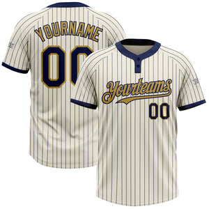 Custom Cream Navy Pinstripe Old Gold Two-Button Unisex Softball Jersey