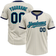 Load image into Gallery viewer, Custom Cream Navy Pinstripe Teal Two-Button Unisex Softball Jersey
