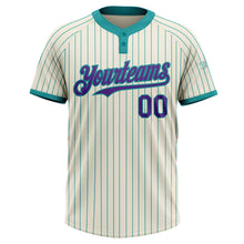 Load image into Gallery viewer, Custom Cream Teal Pinstripe Purple Two-Button Unisex Softball Jersey
