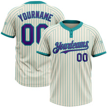 Load image into Gallery viewer, Custom Cream Teal Pinstripe Purple Two-Button Unisex Softball Jersey
