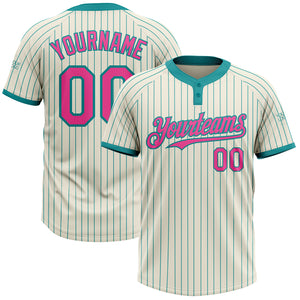 Custom Cream Teal Pinstripe Pink Two-Button Unisex Softball Jersey