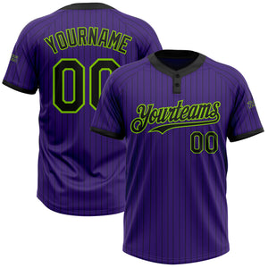 Custom Purple Black Pinstripe Neon Green Two-Button Unisex Softball Jersey