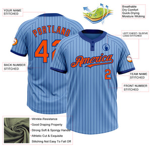 Custom Light Blue Royal Pinstripe Orange Two-Button Unisex Softball Jersey