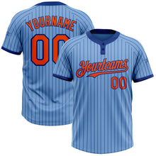 Load image into Gallery viewer, Custom Light Blue Royal Pinstripe Orange Two-Button Unisex Softball Jersey
